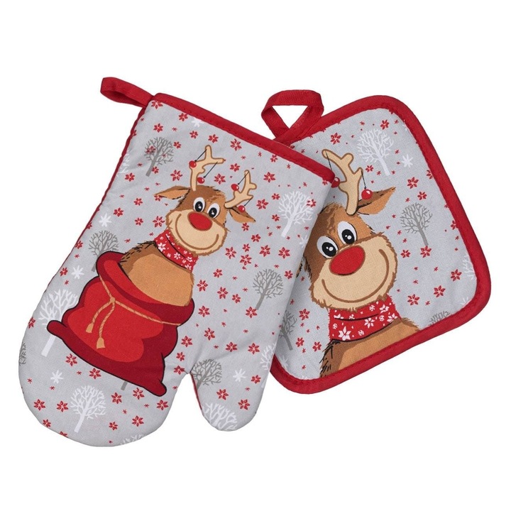 Manusa si Konyharuha Szett Karácsonyi Piros Szürke Rénszarvas Zsákban Ajándékok 2 Darab