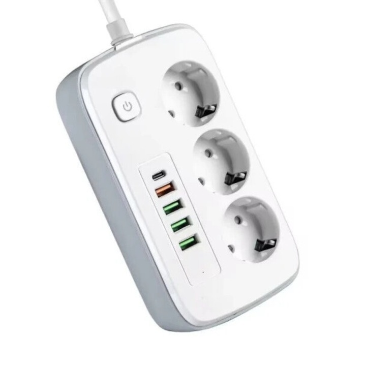 Switch Extension Splitter 2m, 3 гнезда + 4 USB + 1 USB-C, 2500 W