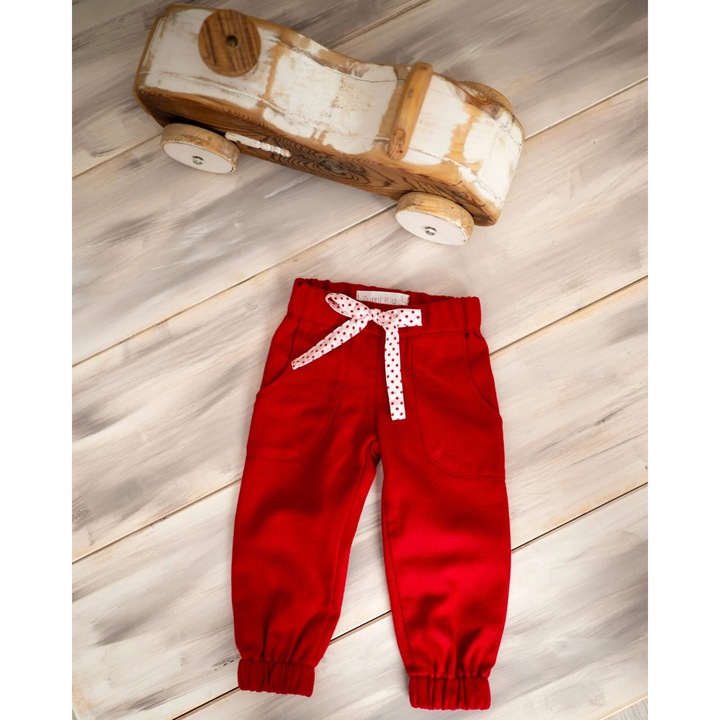 Texturált gyapjúszövet nadrág pöttyös zsinórral, Piros/Fehér