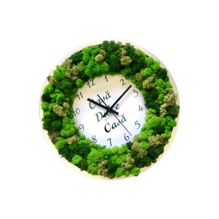 Ceas de perete, ''Casa, dulce, casa'', decorat cu licheni naturali stabilizati, Doua fire mov, 35cm