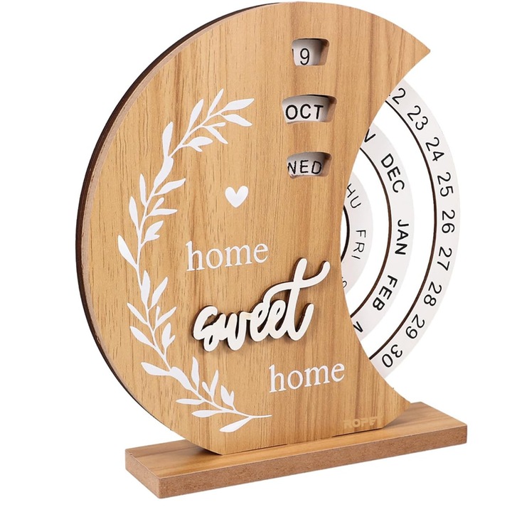 Calendar perpetuu decorativ din lemn, Home Sweet Home, Rustic, Rotativ, Pt Birou, 18 x 20 cm, Natur