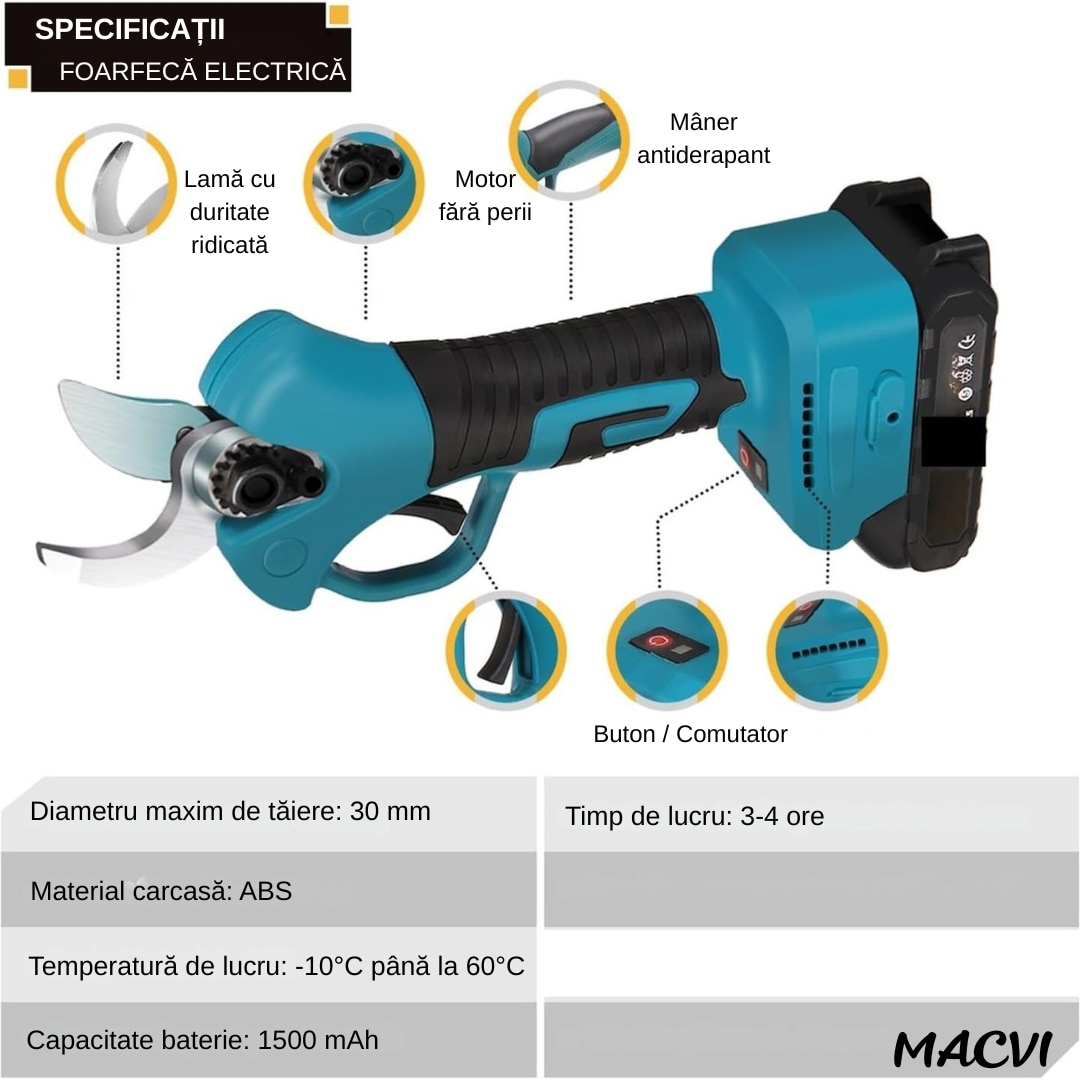 Foarfeca Electrica pentru Gradinarit Macvi® 48V, 2 Baterii, 2 Lame din Otel Carbon ,ideala pentru Vita de Vie si Crengi, Albastru