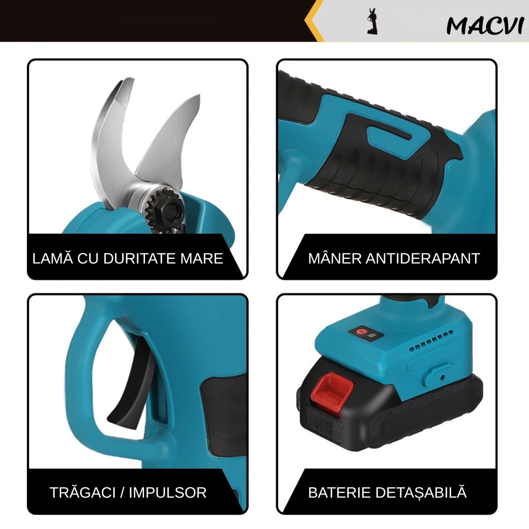 Foarfeca Electrica pentru Gradinarit Macvi® 48V, 2 Baterii, 2 Lame din Otel Carbon ,ideala pentru Vita de Vie si Crengi, Albastru
