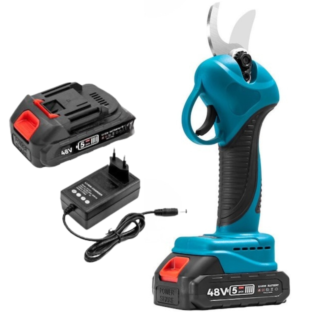 Foarfeca Electrica pentru Gradinarit Macvi® 48V, 2 Baterii, 2 Lame din Otel Carbon ,ideala pentru Vita de Vie si Crengi, Albastru