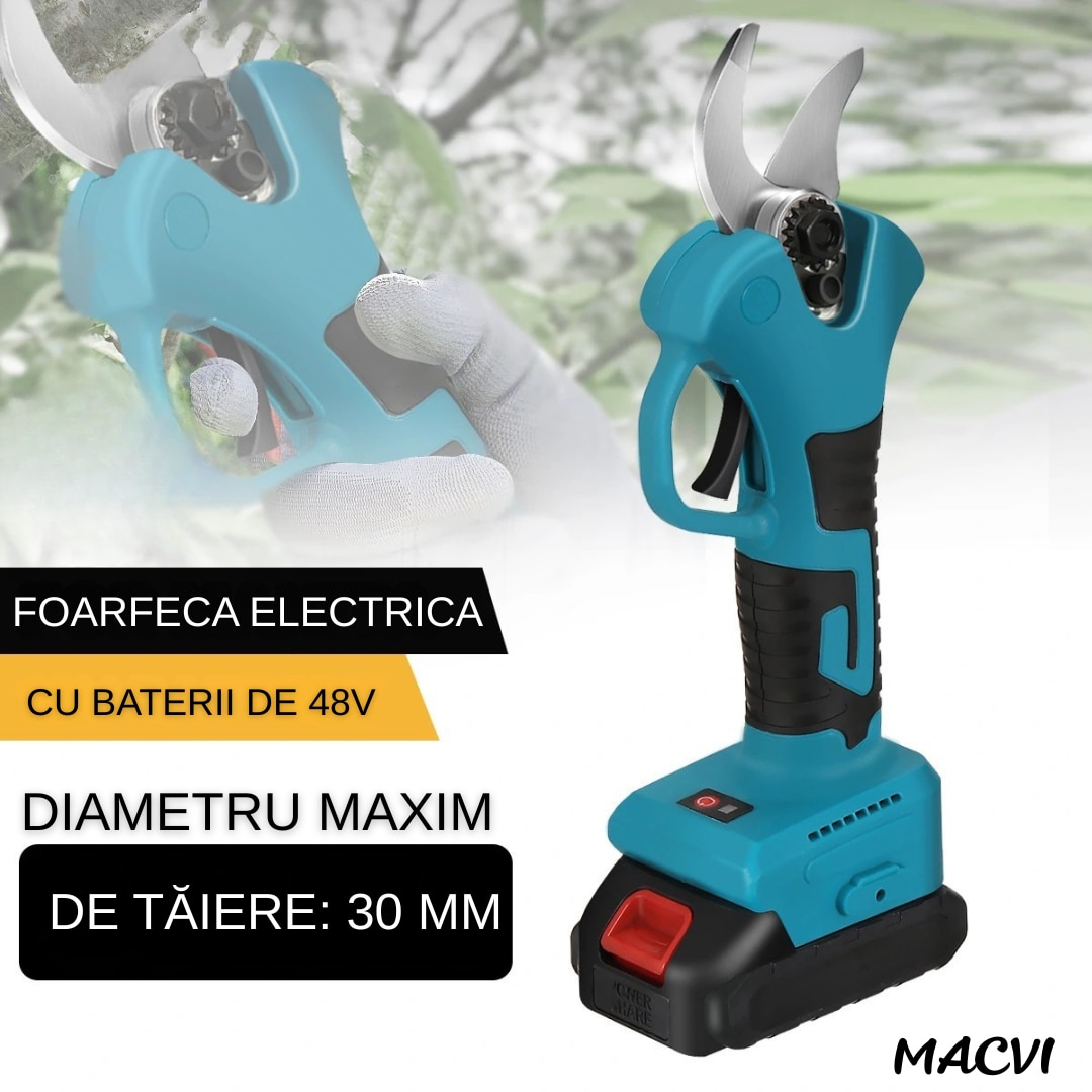 Foarfeca Electrica pentru Gradinarit Macvi® 48V, 2 Baterii, 2 Lame din Otel Carbon ,ideala pentru Vita de Vie si Crengi, Albastru