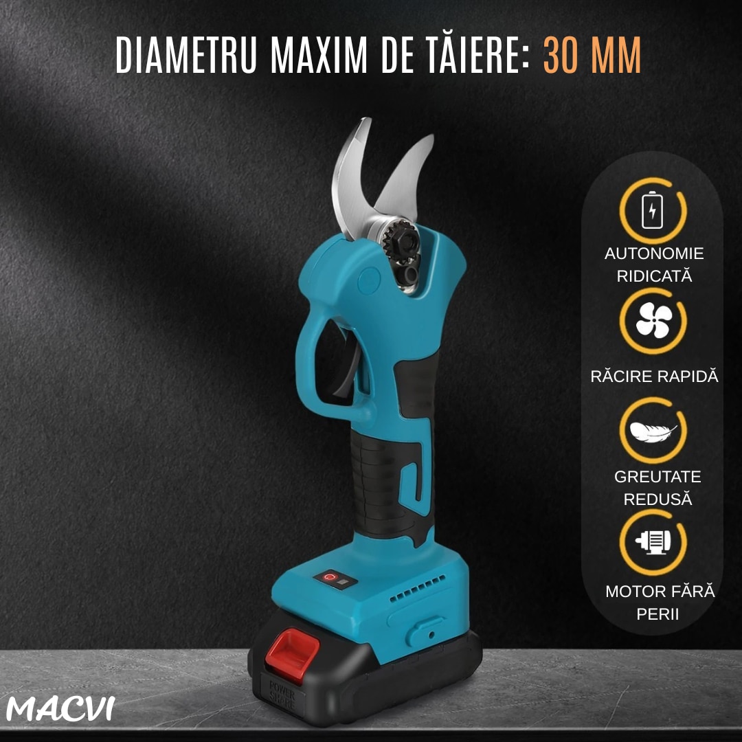Foarfeca Electrica pentru Gradinarit Macvi® 48V, 2 Baterii, 2 Lame din Otel Carbon ,ideala pentru Vita de Vie si Crengi, Albastru