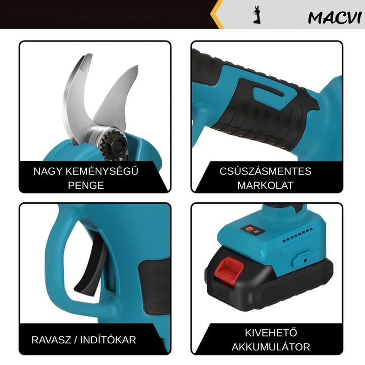 Macvi® 48V elektromos kerti olló, 2 elem, 2 szénacél penge, ideális szőlőhöz és ághoz, kék