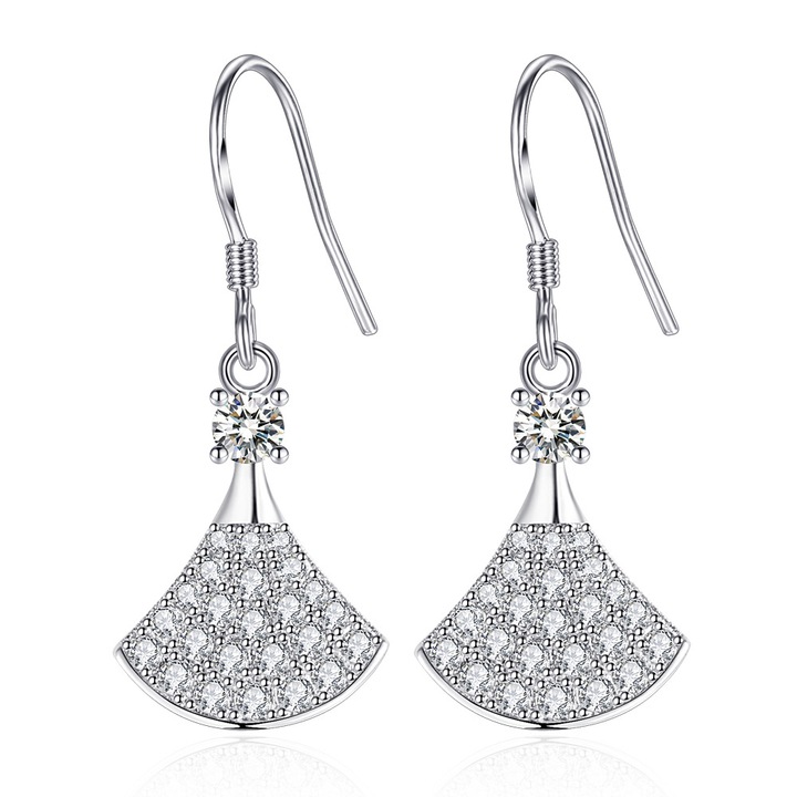 Мини обеци тип ветрило, С камъни, Кукичка, Покритие от бяло злато, Дължина на висулката 30 мм