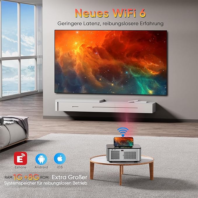 Proiettore Horlat 4K Con Android TV, Correzione Automatica, WiFi 6, 25000 Lumen, Zoom 50%, Doppi Altoparlanti