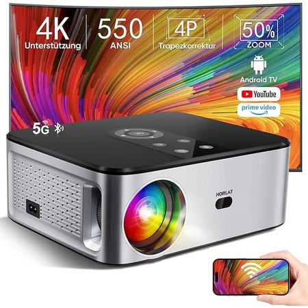 Proiettore Horlat 4K Con Android TV, Correzione Automatica, WiFi 6, 25000 Lumen, Zoom 50%, Doppi Altoparlanti