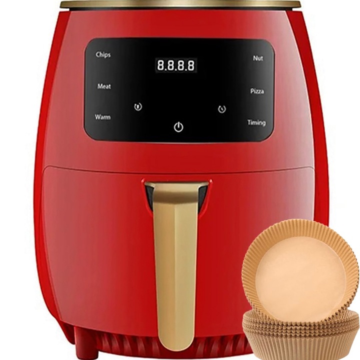 Friteuza cu aer cald, fara ulei, HOZRO Air Fryer, Putere 1400W, capacitate de 6L, Afisaj Digital, 6 Functii de gatire, Rosu + 50 Tavi de copt cadou