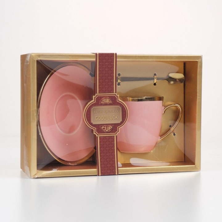 Set Cadou Ceasca cu farfurie si lingurita Aurie Roz 200 ml