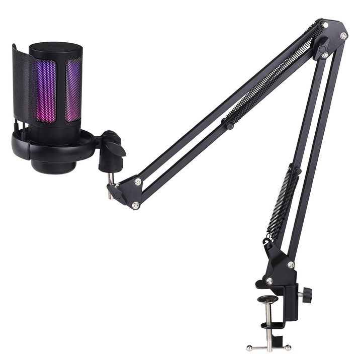 Microfon cu suport cantilever, calitate a sunetului HD, flexibil, rezistent la spray, lumini RGB, USB, pentru jocuri si streaming live, negru