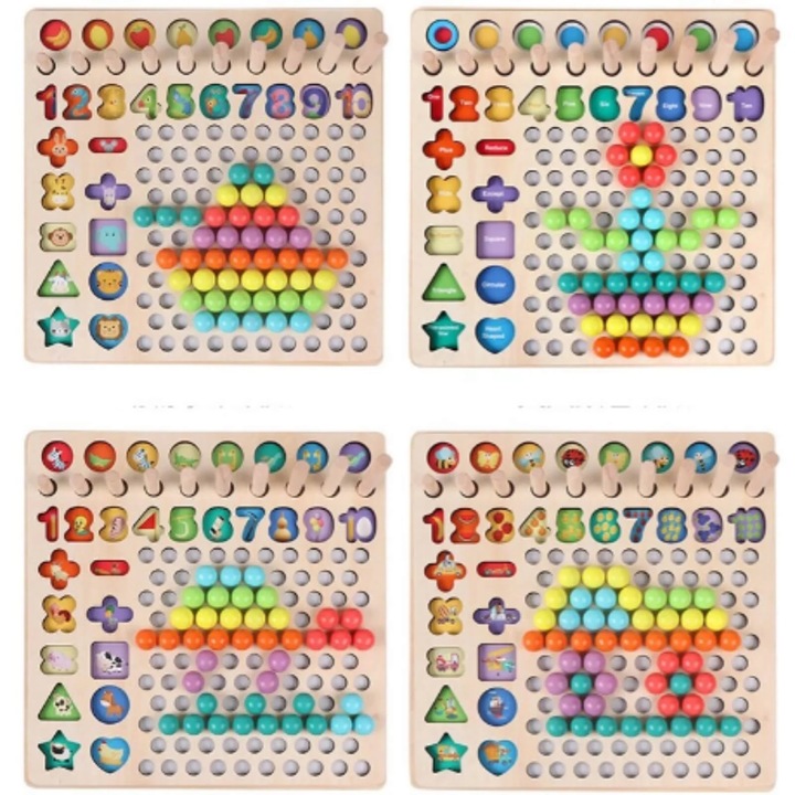 Set interactiv Montessori cu 5 activitati DacEnergy©, indemanare, asociere, sortare, memorie, logica, pescuit magnetic, cu cifre si forme geometrice, 30 x 30 x 7.5 cm, 180 piese, multicolor