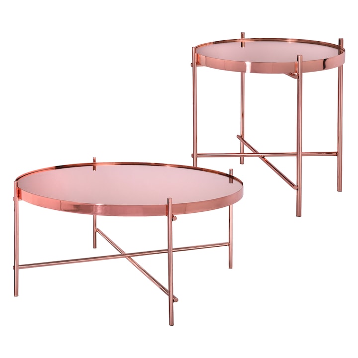 Комплект от 2 холни маси WOMO-DESIGN, розови, метал и стъкло, ∅ 43/75 x ∅ 45/35 см, лесни за сглобяване
