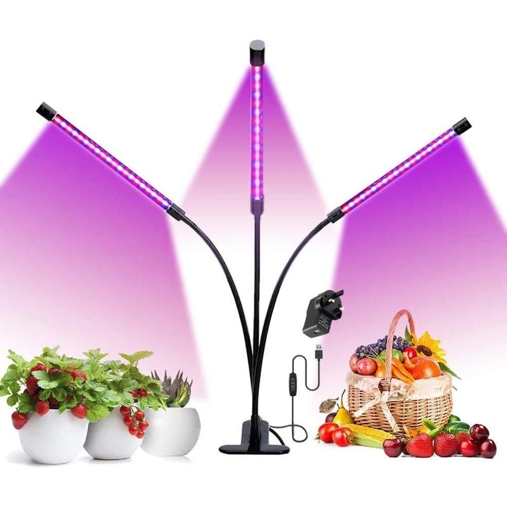 Lampa UV pentru Cresterea Rapida a Plantelor in Interior, Comando Technology, 72 LED-uri Extensibila, Ajustabila, Putere 10W, 3 Capete, Lumina MOV, Timer, 9 Niveluri de Lumina