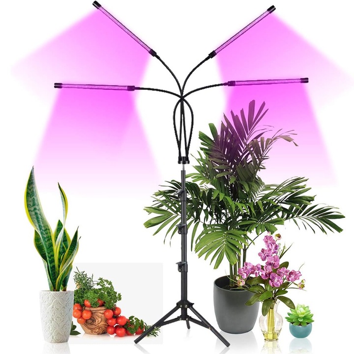 Lampa UV pentru Cresterea Rapida a Plantelor in Interior, Comando Technology, 108 LED-uri Extensibila, Picioare Ajustabile pana la 2m, Putere 30W, 4 Capete, Lumina Mov