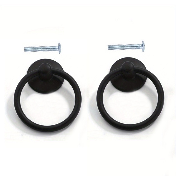 Set 2 manere circulare pentru dulap cu suruburi, filet de tragere sertar, aliaj de zinc, 5.2x4.4cm, Negru