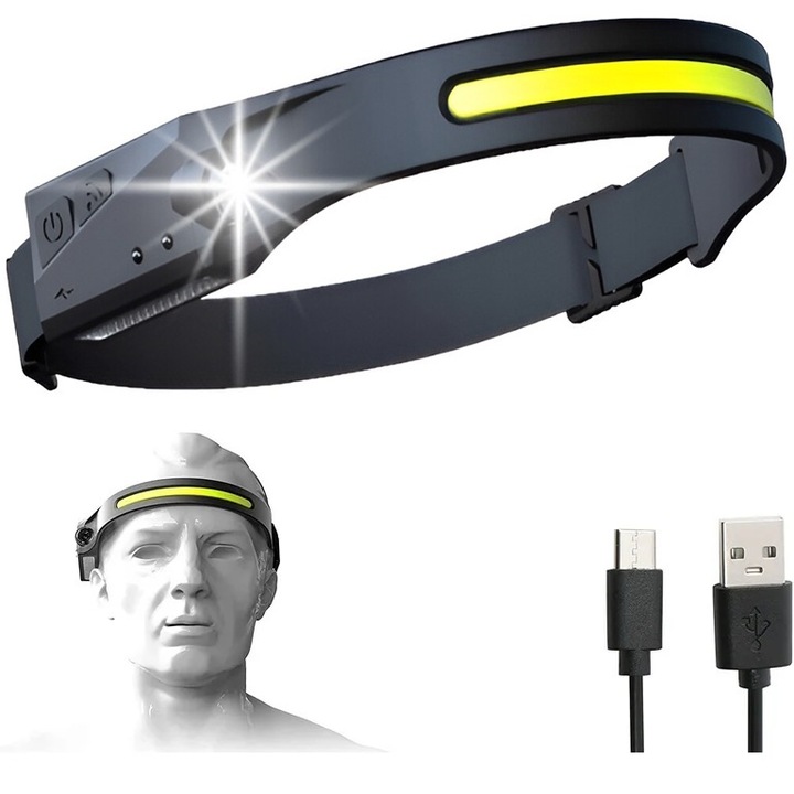 LED челник с батерия, HOZRO, с широк ъгъл на светене, мощен сензор за осветление и движение, за лов, риболов, къмпинг, строеж, водоустойчив, черен