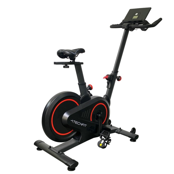 Спининг байк TECHFIT SBK5000M, Потребител 120 Kg, Поддръжка за телефон/таблет, Bluetooth, Инерционно колело 15 Kg, Транспортни колела, Магнит, 7 магнита
