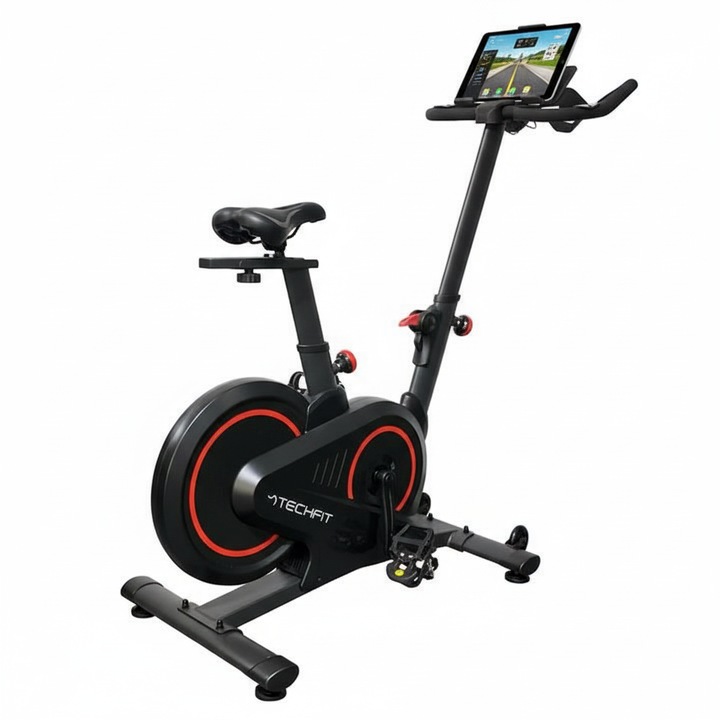 Bicicleta spinning magnetica TECHFIT® SBK5000M, volanta 15 kg, rezistenta magnetica, Bluetooth, suport telefon tableta, Kinomap, Zwift, 7 magneti, utilizator 120 kg, roti transport