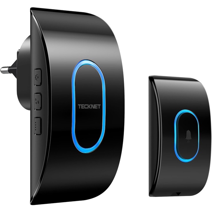 Sonerie Fara fir Wireless, Tecknet, Usa Apartament, Poarta Casa, Cu Baterie si la Priza, Distanta 400m, Exterior IP65, 60 Melodii, Rezistenta la Apa, Semnalizare LED, Volum Reglabil 120dB, Negru