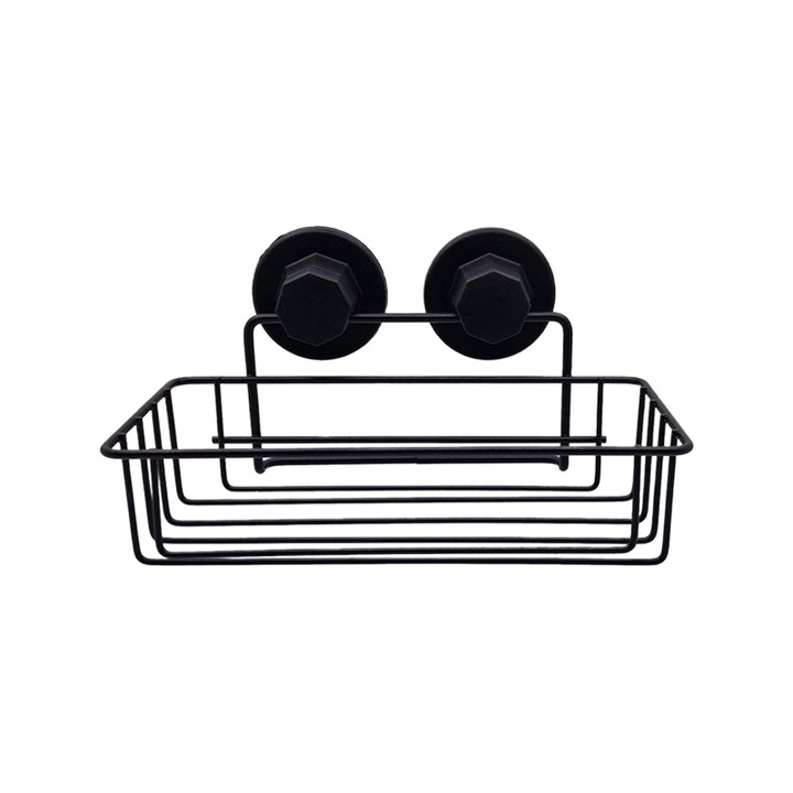 Etajera pentru baie, din metal, un raft dreptunghiular, prindere mecanica sau cu ventuza, negru mat, SV401B, 250 x 130 mm