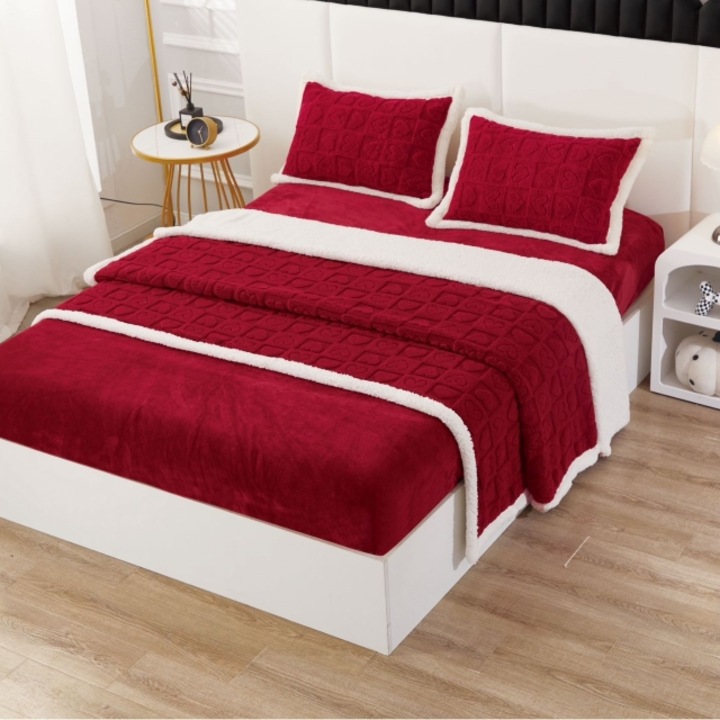 Lenjerie cu blanita, model tricotat cu elastic, 180x200 cm, rosu-alb