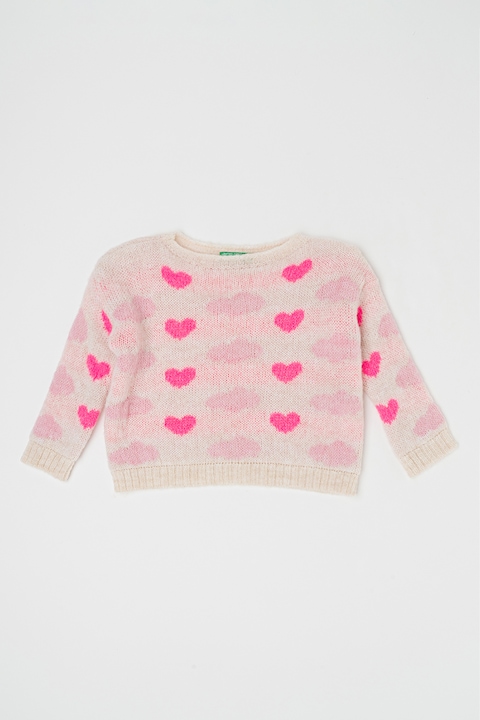 United Colors of Benetton, Pulover cu imprimeu cu inimi, Alb murdar/Roz, 90 CM