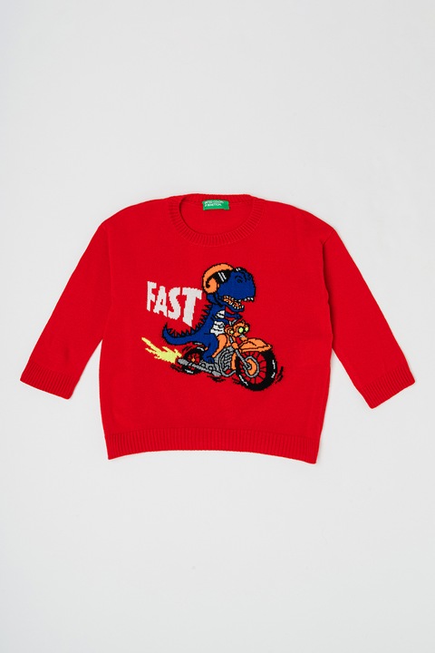 United Colors of Benetton, Pulover cu decolteu la baza gatului si model, Rosu/Bleumarin, 90 CM