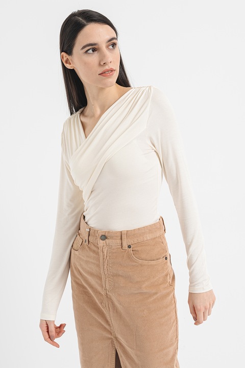 United Colors of Benetton, Bluza din amestec de modal cu decolteu in V si model drapat, Crem, 2XS