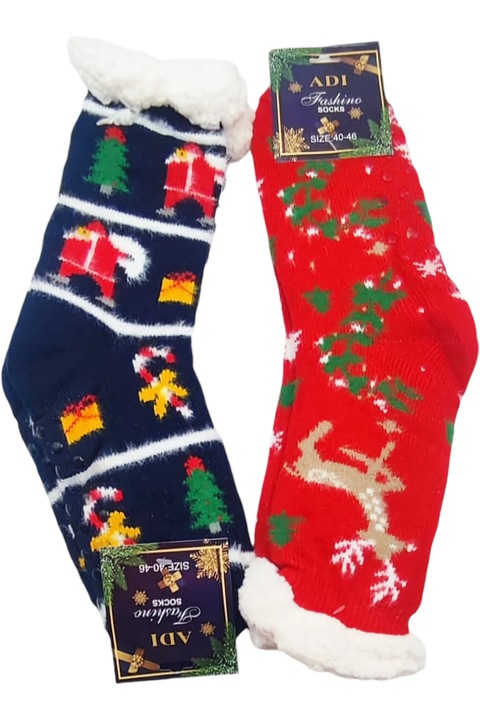 Sosete barbati lungi, cu interior pufos, model Craciun, set 2 perechi, talpa antiderapanta, bleumarin, OneSize, 40-46