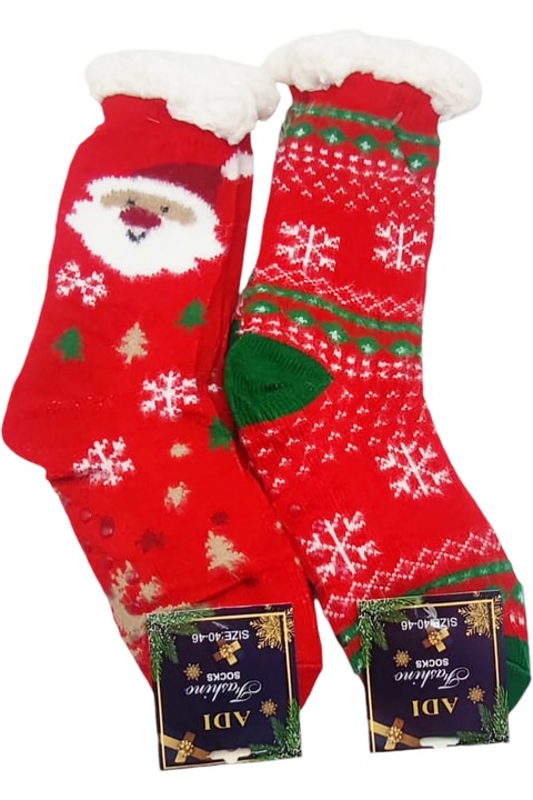 Sosete barbati lungi, cu interior pufos, model Craciun, set 2 perechi, talpa antiderapanta, rosu, OneSize, 40-46