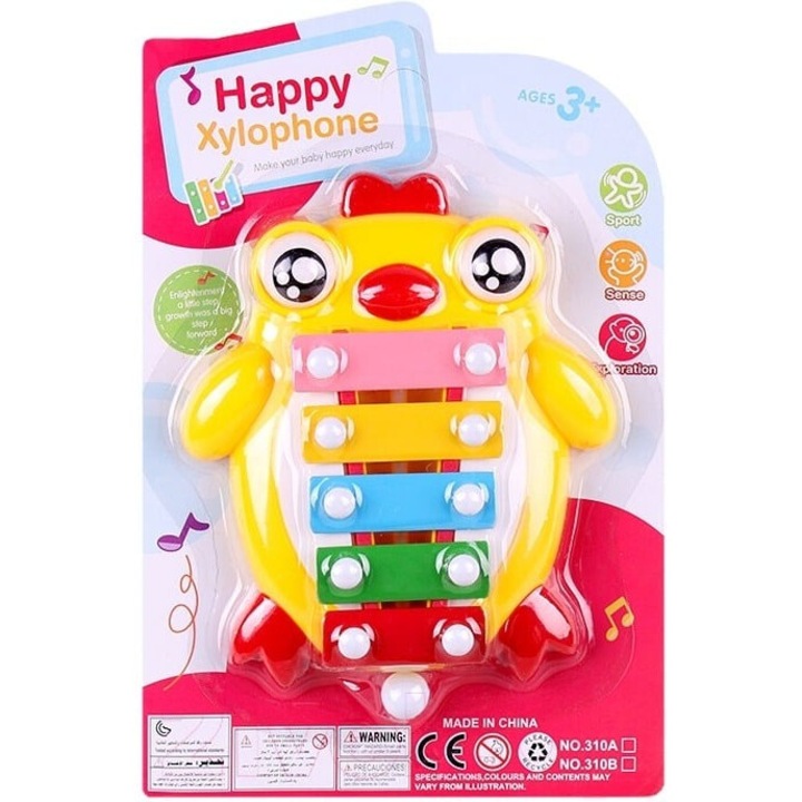 Xilofon 5 zenei hanggal gyerekeknek, interaktív állatos játék, bottal, 17x14 cm, sokszínű, Dactilion®