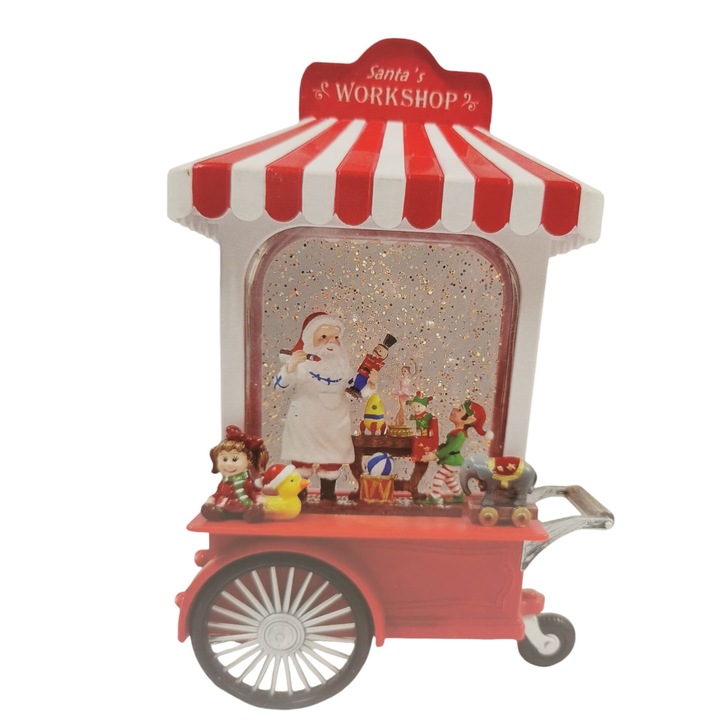 Decoratiune luminoasa si muzicala de Craciun, Masina de Inghetata, tema Atelierul lui Mos Craciun, cu efect de ninsoare, 9 melodii, baterii si incarcare USB, 30cm, VisionXXI