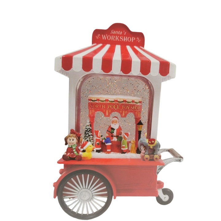 Decoratiune luminoasa si muzicala de Craciun, Masina de Inghetata, tema Mos Craciun, cu efect de ninsoare, 9 melodii, baterii si incarcare USB, 30cm, VisionXXI