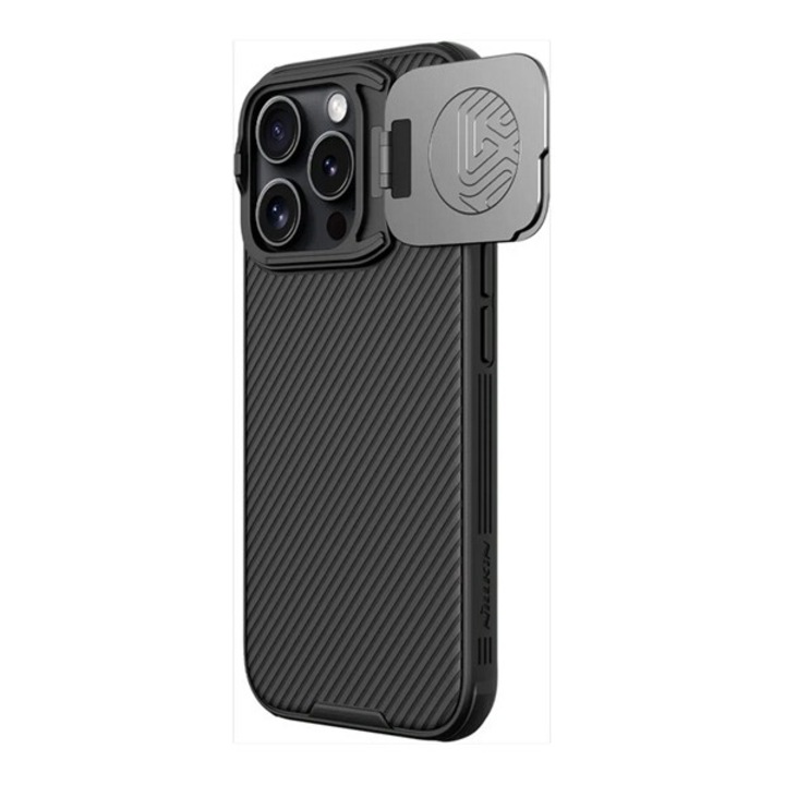 Nillkin camshield prop szilikon mobiltelefon tok, ütésállóság, kameravédő, kitámasztó, csíkos, fekete, kompatibilis: Apple iPhone 16 Pro
