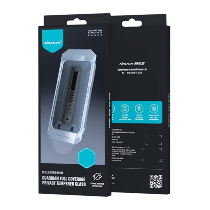 Nillkin guardian képernyővédő üveg, 2.5d, full glue, betekintés ellen, 0.33mm, 9h + segédkeret, fekete, kompatibilis: Apple iPhone 16 Pro Max