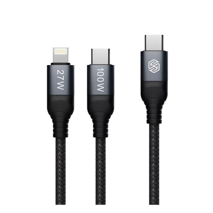 Nillkin dualpower adatkábel 2in1, type-c - type-c/lightning, 100w, pd gyorstöltő 3.0, 100cm, cipőfűző, fekete