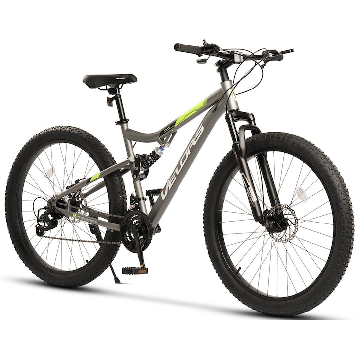 MTB велосипед с 27 "5" колела, оборудване Carpet Line, последователни лостове, двойно окачване, дискови спирачки, 21 скорости, сиво/бяло/зелено, планински велосипед Velors Dynamic Genius с 27 широки гуми, 5x3.0 и кабели, интегрирани в рамката