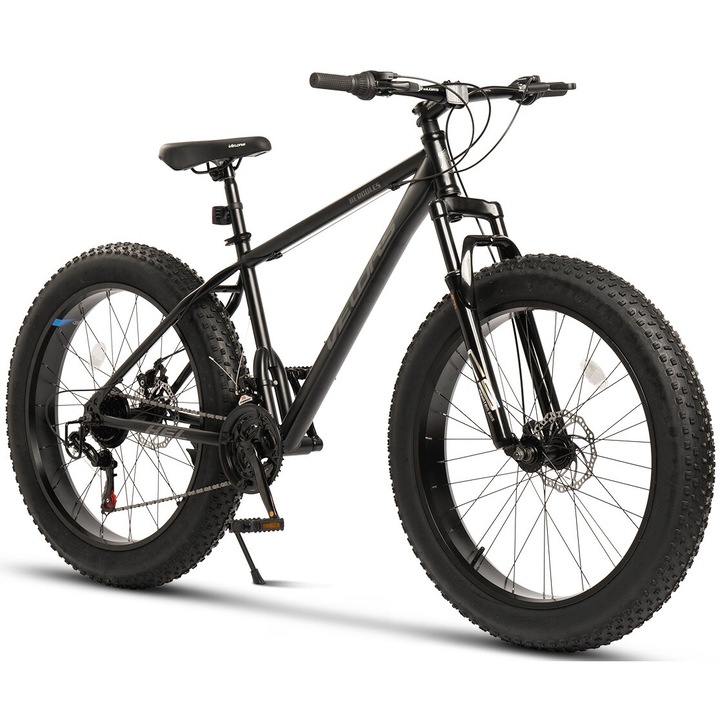MTB kerékpár 26"-os kerekekkel, Shimano/Carpat sebességváltó, forgókarok, tárcsafékek, 21 sebesség, fekete/szürke, Fat Bike Velours Hercules Genius széles gumikkal