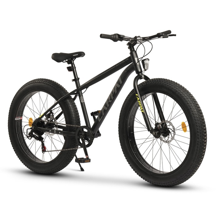 MTB Fat Bike Aventus JSX26217, Carpat márka, vázba integrált kábelek, 26 colos kerék, MTB, Tárcsafék elöl/hátul, Shimano felszereltség, 7 sebesség, fekete/szürke/zöld