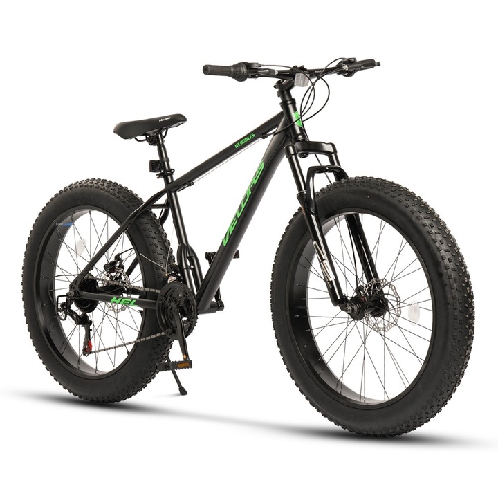 Fat Bike MTB Hercules JSX2619, марка Velors, 26 инча колело, предна/задна дискова спирачка, оборудване Shimano, 21 скорости, черно/зелено