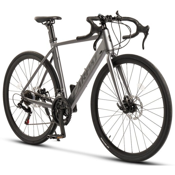 Велосипед за циклокрос с 28" колела, ново оборудване Shimano/MicroNew, последователни лостове, дискови спирачки, 14 скорости, сиво/черно, велосипед Gravel Carpat Pathfinder 3.0 Genius с алуминиева рамка и интегрирани кабели
