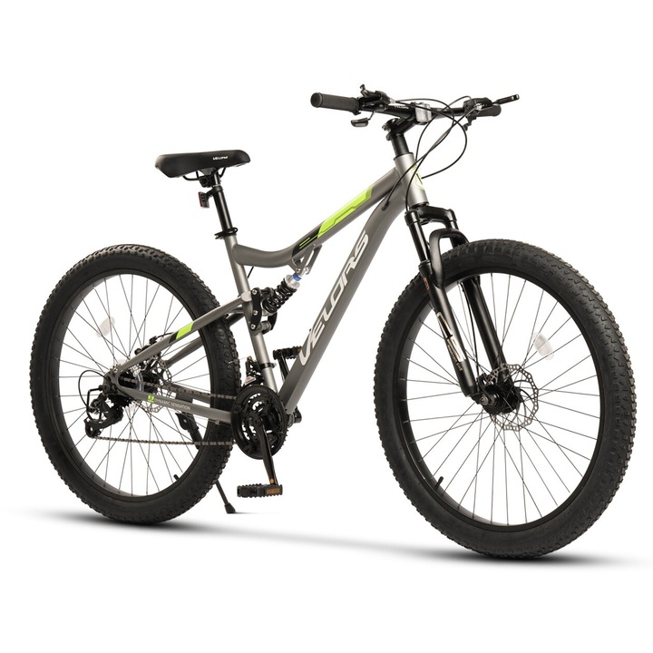 Bicicleta MTB Full Suspension Dynamic JSX27304A, brand Velors, cabluri integrate prin cadru, roata 27.5 inch, MTB, frana Disc fata/spate, echipare Hem50, 21 Viteze, gri cu verde