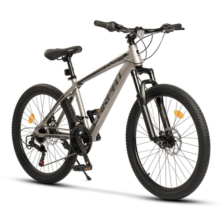 Планински Mtb велосипед Carpat Montana JSX2499, Алуминиева рамка с интегрирани кабели, оборудване Shimano, предно окачване, 24 инча колело, предна/задна дискова спирачка, 21 скорости, сиво с черно