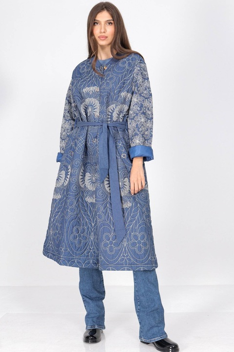 Palton lung oversized din bumbac cu broderie culoare albastru Roh JR657, Onesize