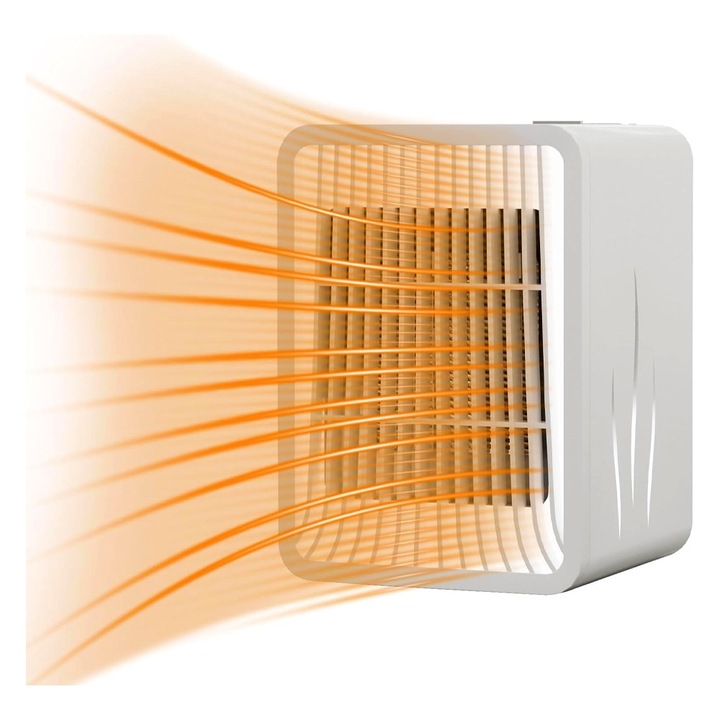 Mini Incalzitor pentru Birou, OPTIM SOLUTION, Mini Aeroterma, 3 Trepte de Temperatura, Incalzire si Racire, pentru Sezonul Rece, Zilele Toride, 1000-1200W, cu Lumini, cu Maner, Protectie Integrata, Lungime Cablu 1.5 m, 15.3 x 13.8 x 22.5 cm, Alb