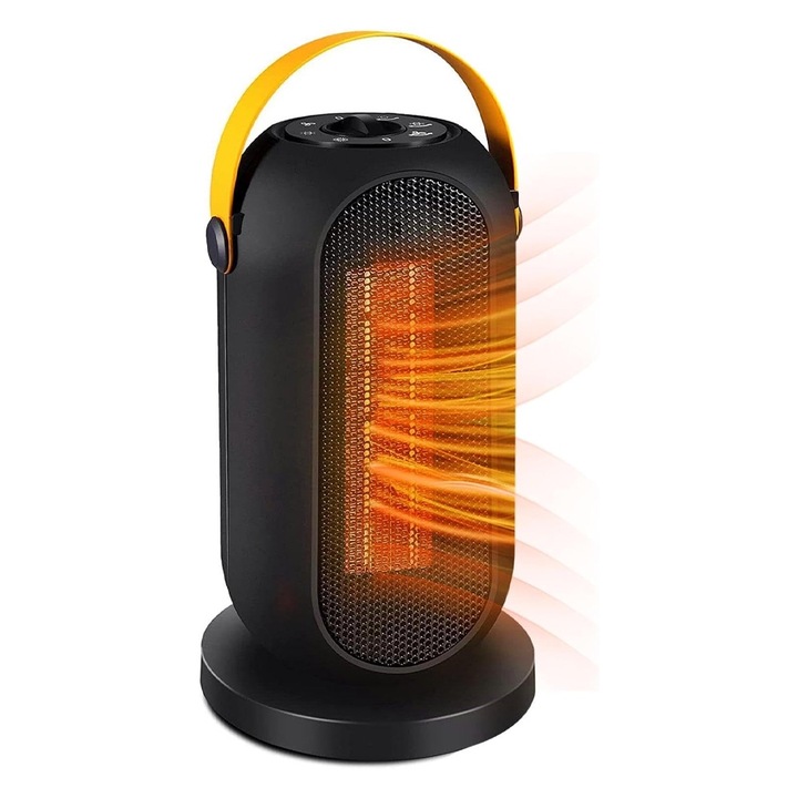 Aeroterma, OPTIM SOLUTION, Mini Radiator PTC-1500Q1, 1200 W, 2 Trepte de Putere, 5W, Termostat Reglabil, Protectie Multipla, Oscilatie la 90 de Grade, Senzor de Temperatura, Nivel Zgomot Redus 41-50dB, Portabil, Compact, Negru