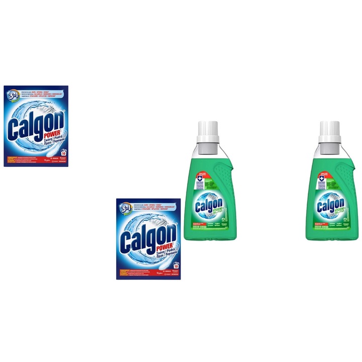 Set 4 x Calgon Variety, 2 x Anticalcar 500g Pudra, 2 x Anticalcar Gel 750ml Hygiene+, fresh aroma, parfum floral, distruge calcarul, rapid si eficient, testat dermatologic, prospetime de lunga durata, eficacitate maxima, continut generos